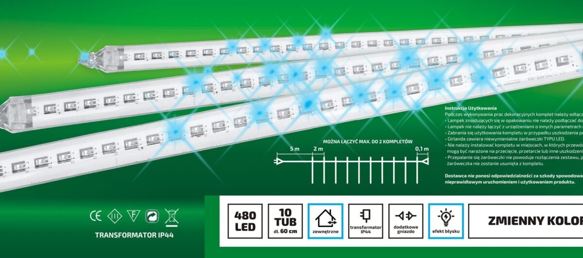 Zewnętrzna kurtyna sopli LED 18 metrów 10 LED Światło stałe - 7 Kolorów