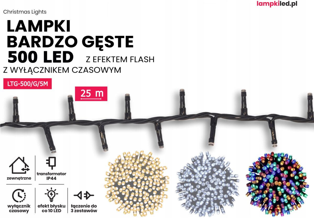 Lampki choinkowe łańcuch led 25m zewnętrzne 500 LED z gniazdem - Flash - Multikolor 1