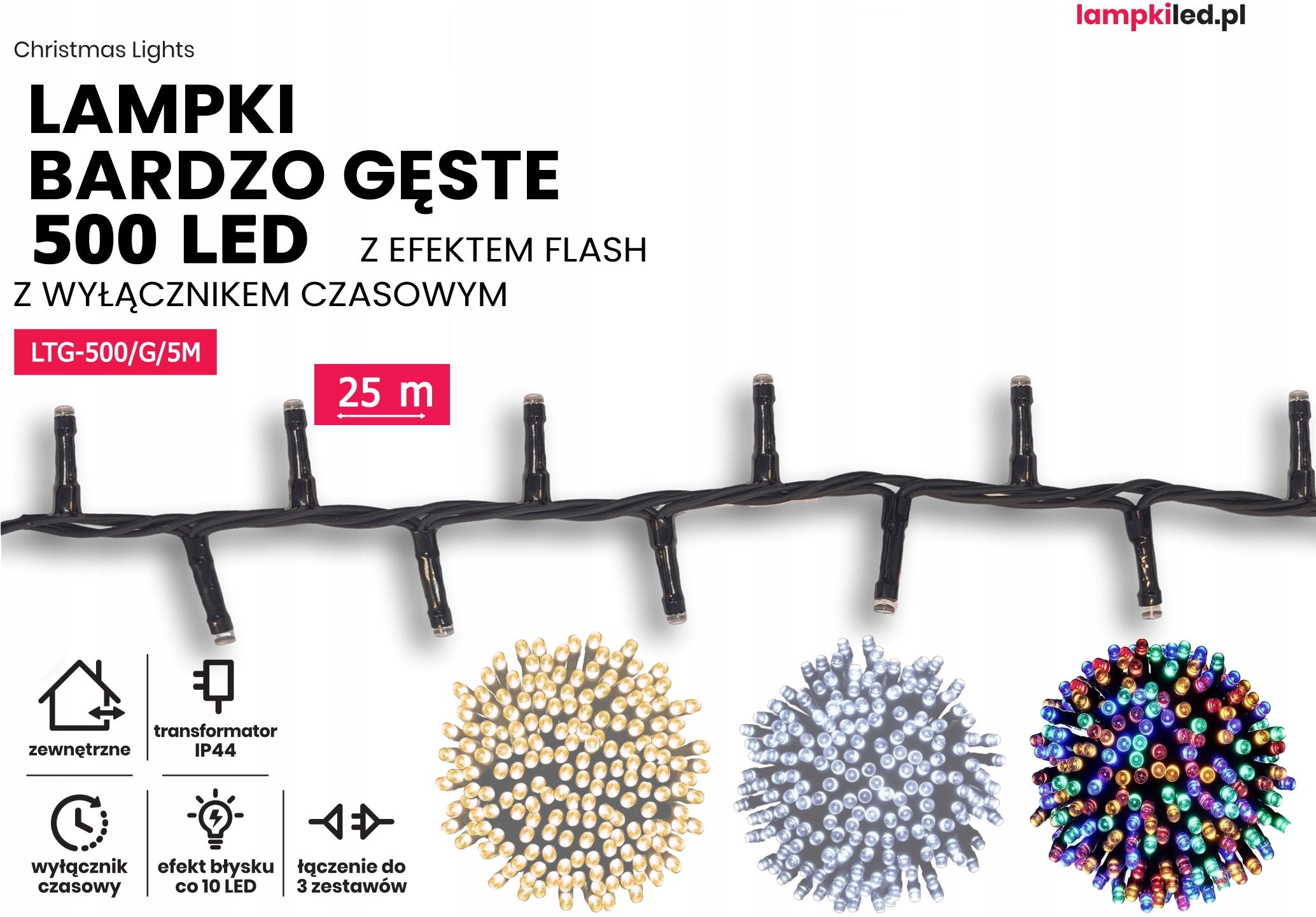 Lampki choinkowe łańcuch led 25m zewnętrzne 500 LED z gniazdem - Flash - Multikolor 2 Lampki choinkowe łańcuch led 25m zewnętrzne 500 LED z gniazdem - Flash - Multikolor 20