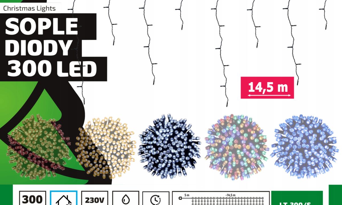 Sople led oświetlenie świąteczne 14 5m zewnętrzne 300 LED Światło stałe - Zimny Biały