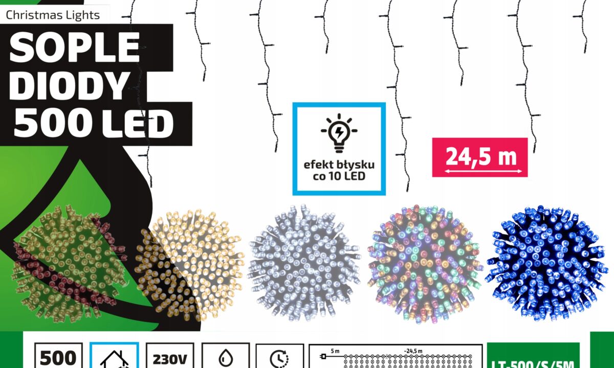 Sople LED Oświetlenie Świąteczne 24,5m Zewnętrzne 500 LED Flash - Niebieski