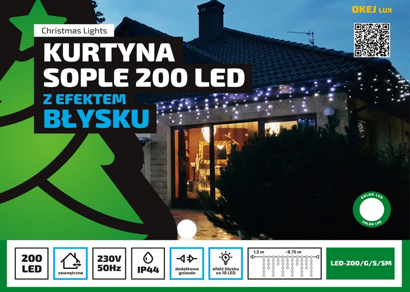Sople LED Profesjonalne Oświetlenie Świąteczne 8,75 Metra Zewnętrzne 200 LED z gniazdem - Flash - Zimny Biały 1