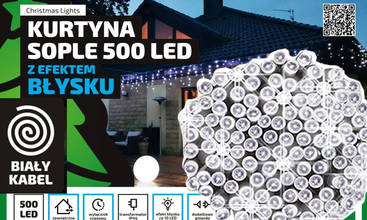 Sople LED Oświetlenie Świąteczne 24,5m Zewnętrzne 500 LED z gniazdem - Światło stałe - Zimny Biały