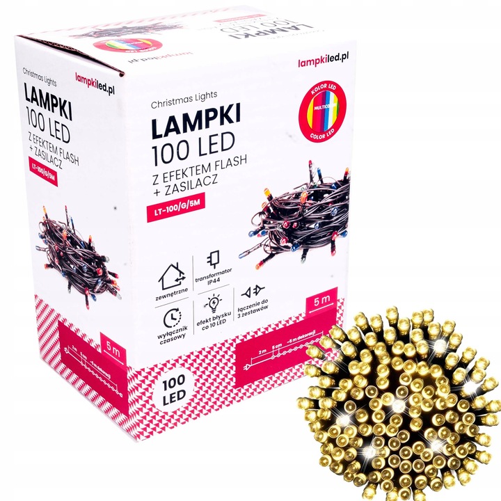 Lampki choinkowe łańcuch led 5m zewnętrzne 100 LED z gniazdem - Flash - Ciepły Biały 2 Lampki choinkowe łańcuch led 5m zewnętrzne 100 LED z gniazdem - Flash - Ciepły Biały 22