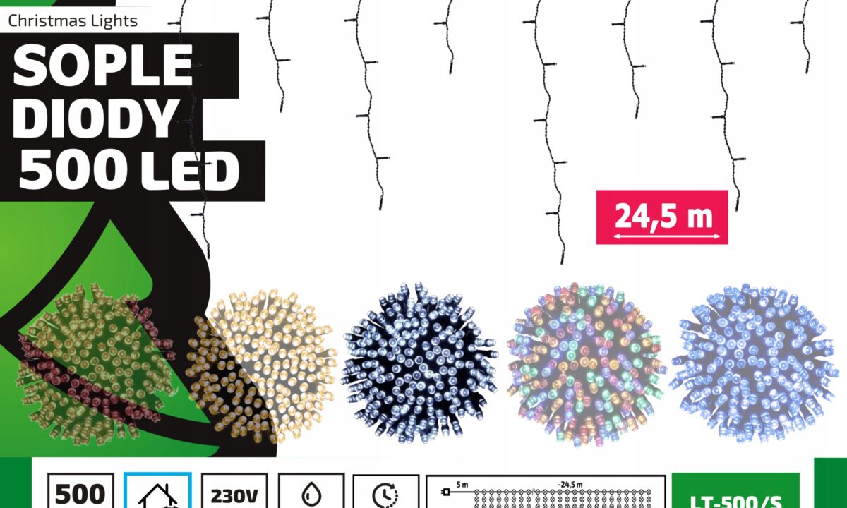 Sople led oświetlenie świąteczne 24,5 metra zewnętrzne 500 LED Światło stałe - Zimny Biały
