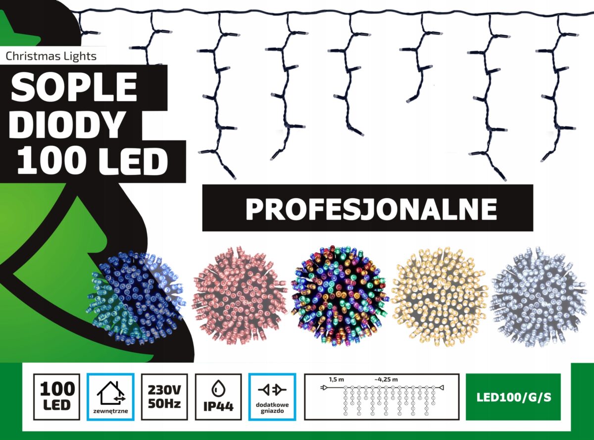 Sople LED Profesjonalne Oświetlenie Świąteczne 4,25m Zewnętrzne 100 LED z gniazdem - Światło stałe - Multikolor 1