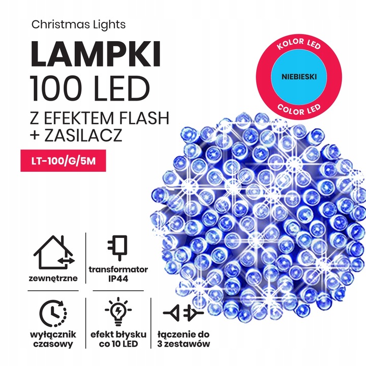 Lampki choinkowe łańcuch led 5m zewnętrzne 100 LED z gniazdem - Flash - Niebieski 2 Lampki choinkowe łańcuch led 5m zewnętrzne 100 LED z gniazdem - Flash - Niebieski 20