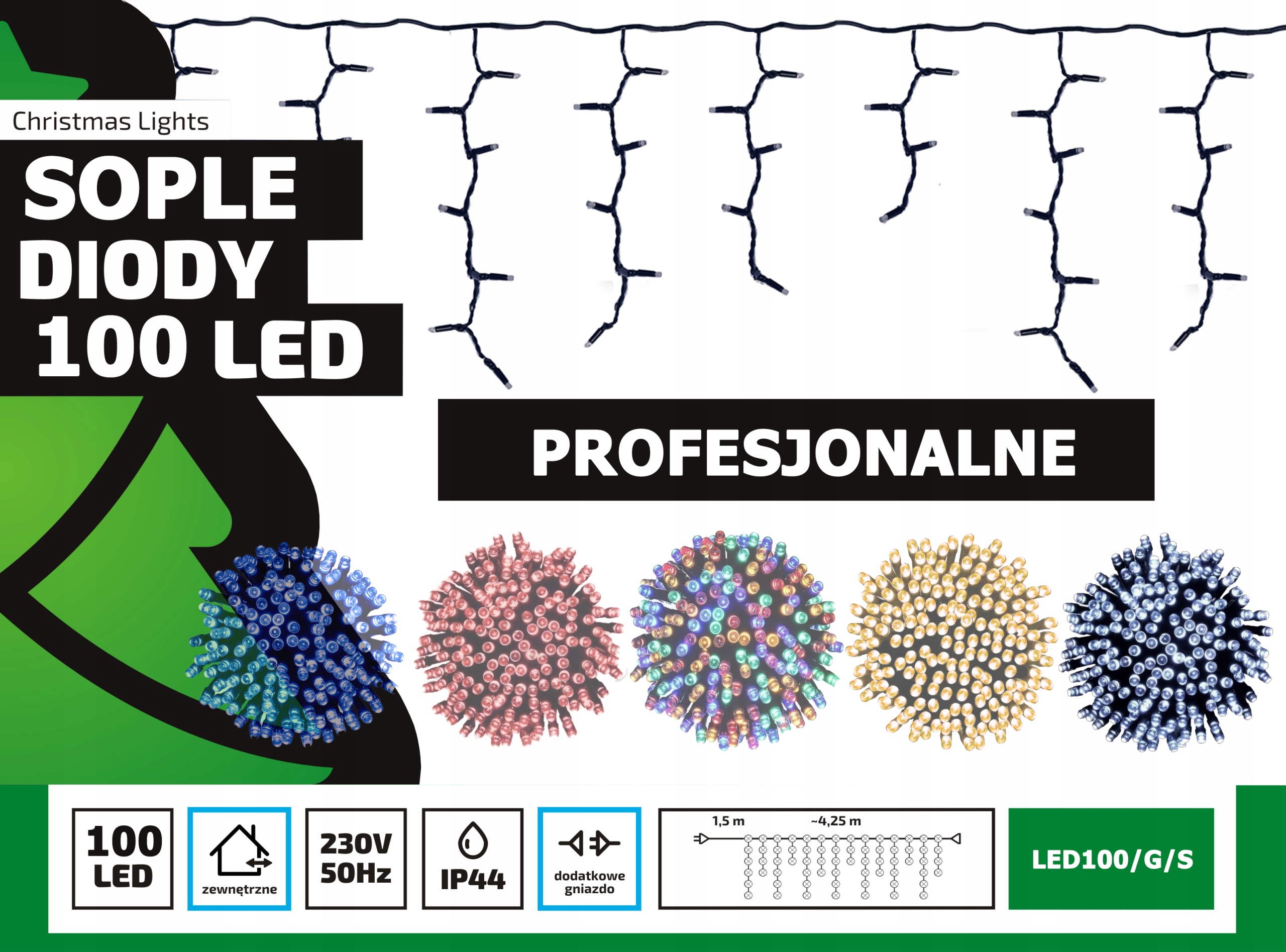 Sople LED Profesjonalne Oświetlenie Świąteczne 4,25m Zewnętrzne 100 LED z gniazdem - Światło stałe - Zimny Biały 2 Sople LED Profesjonalne Oświetlenie Świąteczne 4,25m Zewnętrzne 100 LED z gniazdem - Światło stałe - Zimny Biały 20