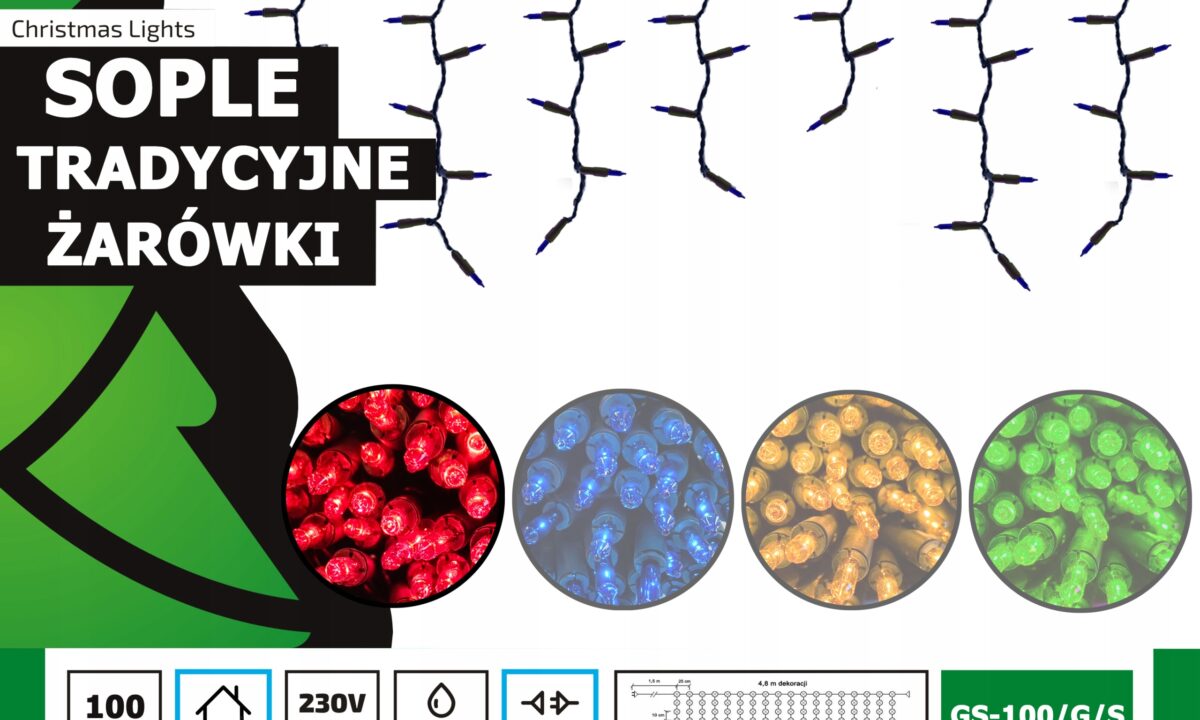 Sople żarówkowe 4,25 metra wewnętrzne 100 LED Światło stałe - Czerwony