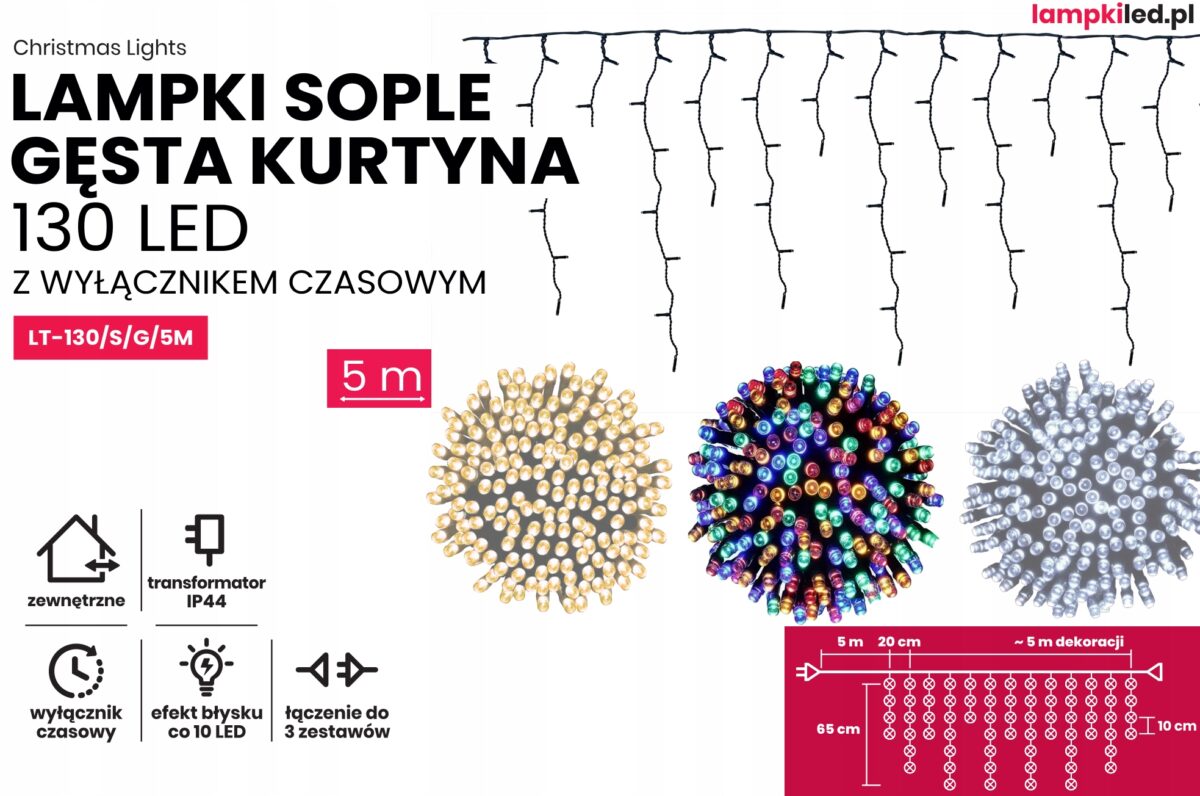 Sople led oświetlenie świąteczne 5 m zewnętrzne 130 LED z gniazdem - Flash - Multikolor 1