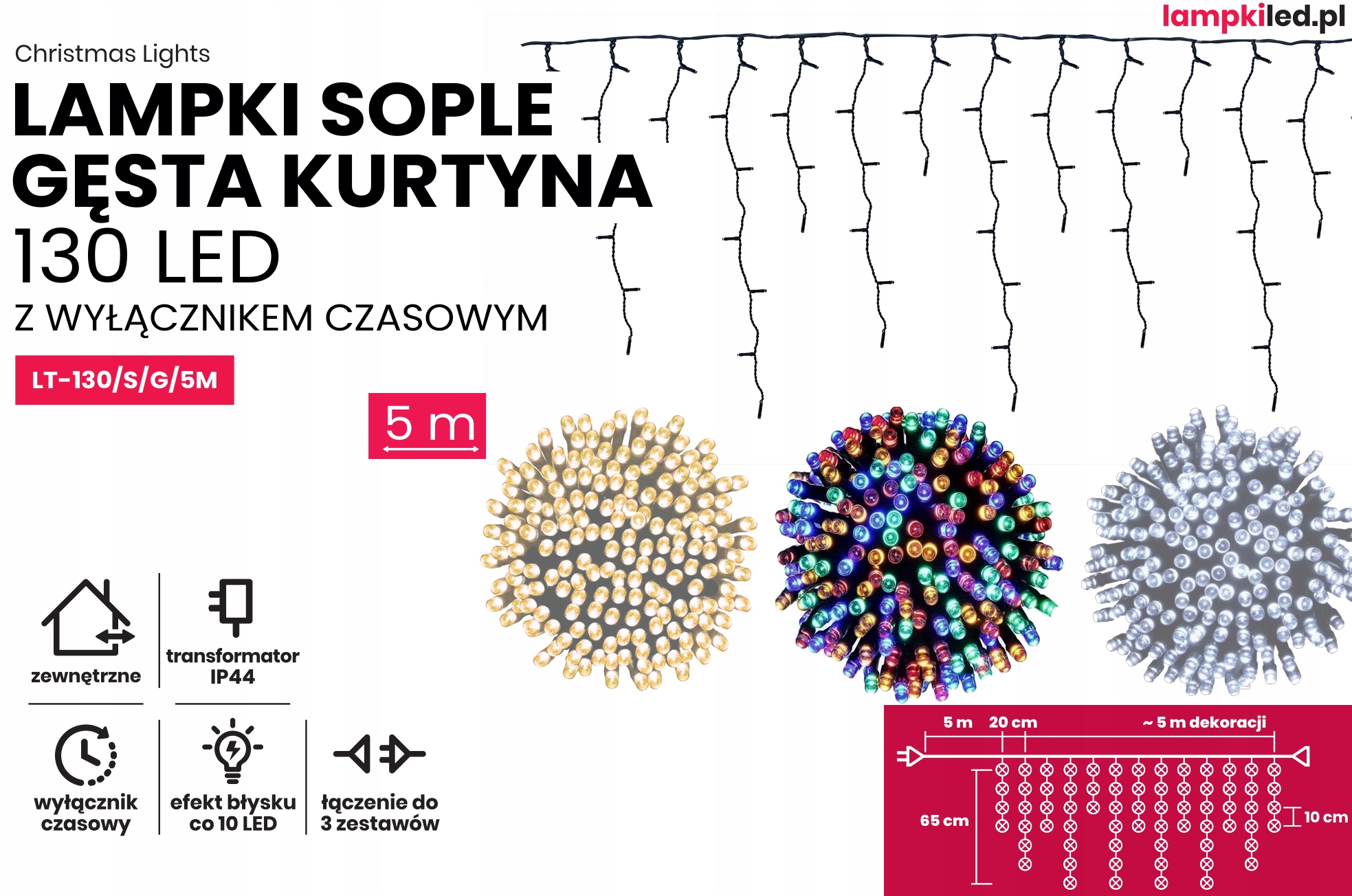 Sople led oświetlenie świąteczne 5 m zewnętrzne 130 LED z gniazdem - Flash - Multikolor 2 Sople led oświetlenie świąteczne 5 m zewnętrzne 130 LED z gniazdem - Flash - Multikolor 20