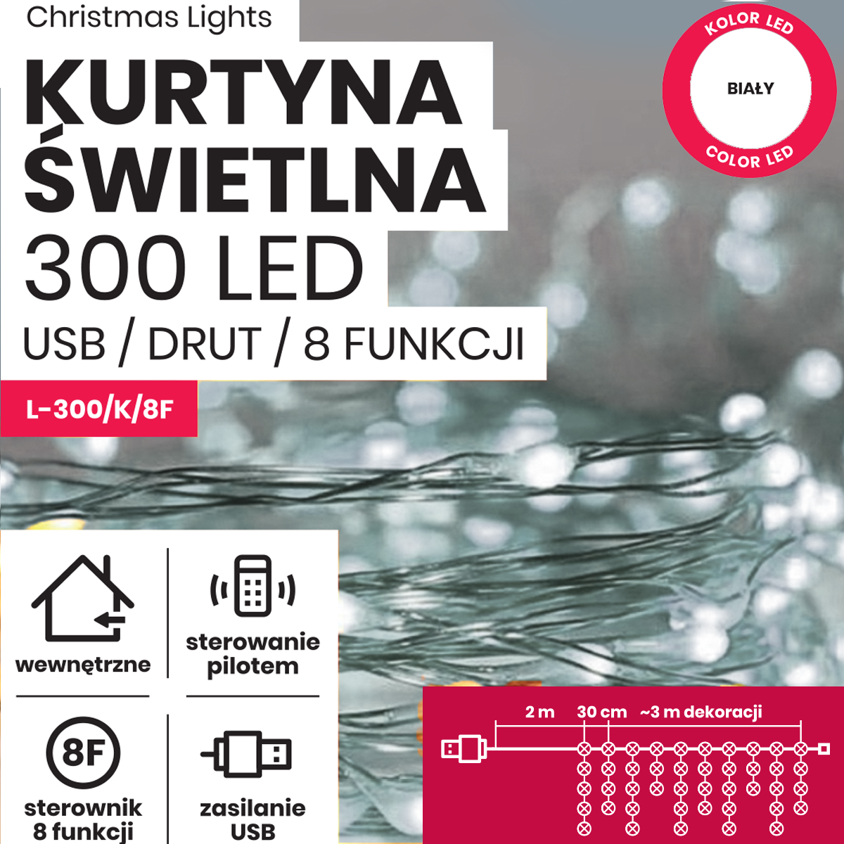 Kurtyna świetlna oświetlenie świąteczne 3 metry wewnętrzne 300 LED Programator 8 funkcji - Zimny Biały 3 Kurtyna świetlna oświetlenie świąteczne 3 metry wewnętrzne 300 LED Programator 8 funkcji - Zimny Biały 21