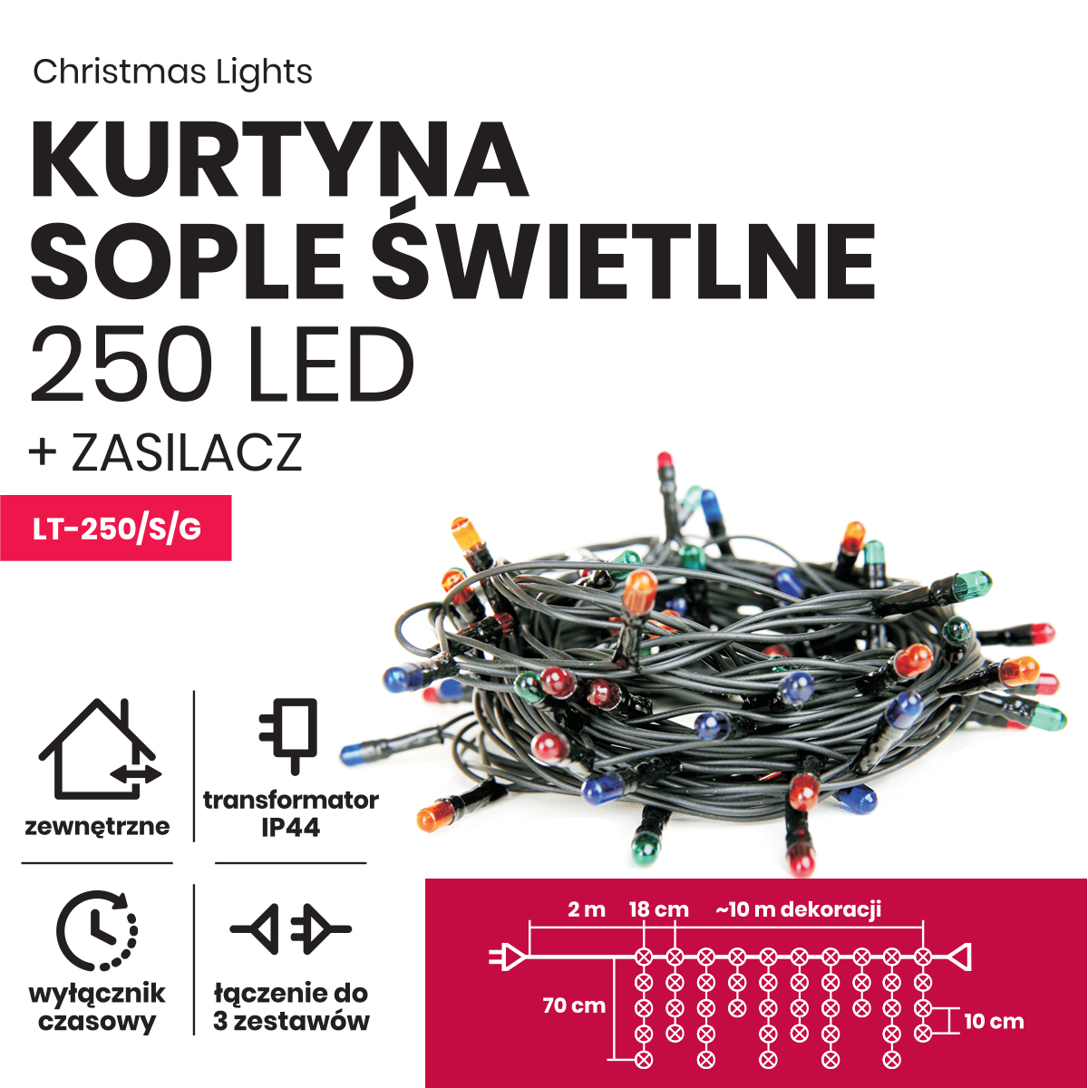 Sople led oświetlenie świąteczne 10m zewnętrzne 250 led z gniazdem - Programator 8 funkcji - Multikolor 3 Sople led oświetlenie świąteczne 10m zewnętrzne 250 led z gniazdem - Programator 8 funkcji - Multikolor 31