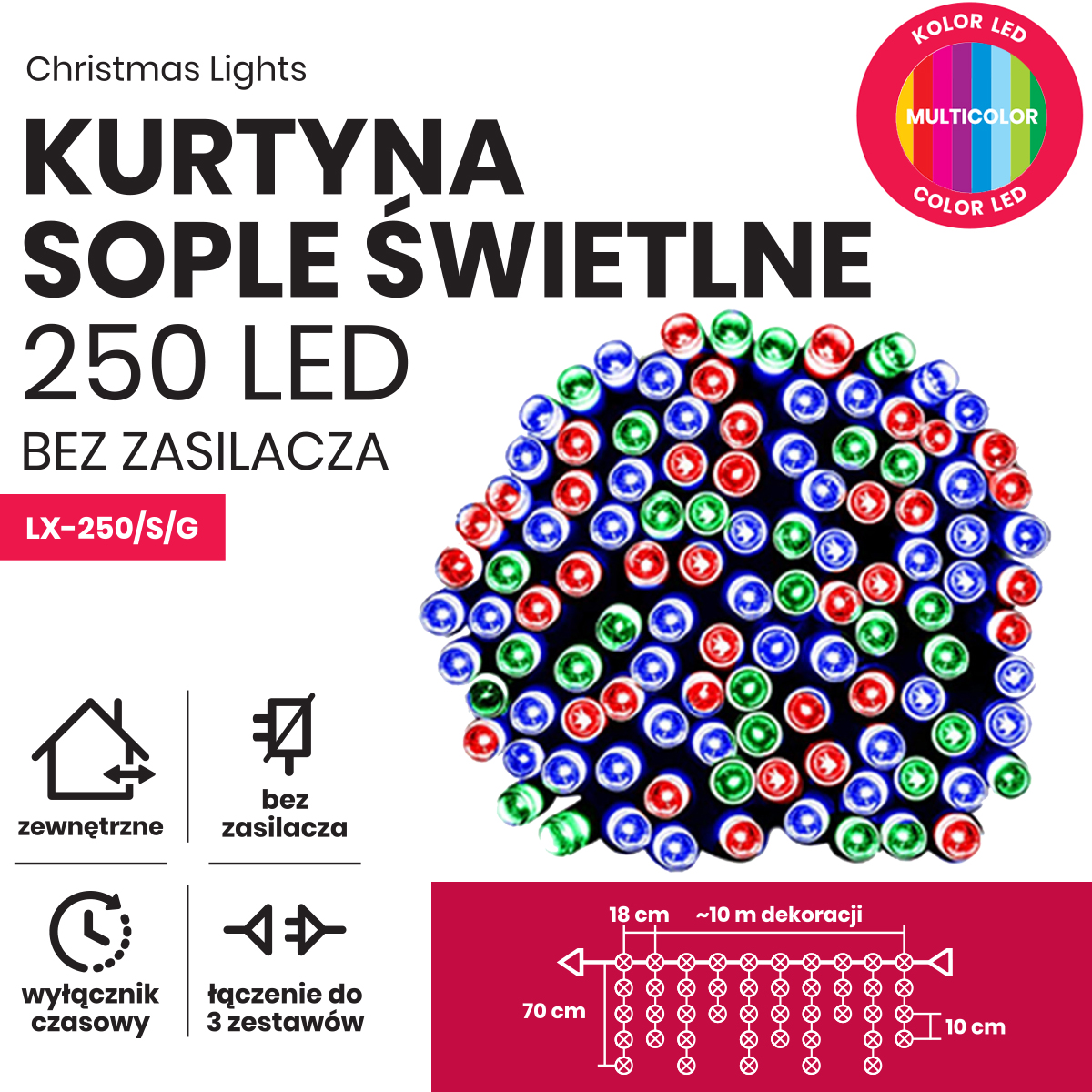 Sople led oświetlenie świąteczne 10m zewnętrzne 250 LED z gniazdem - Programator 8 funkcji - Multikolor 2 Sople led oświetlenie świąteczne 10m zewnętrzne 250 LED z gniazdem - Programator 8 funkcji - Multikolor 30