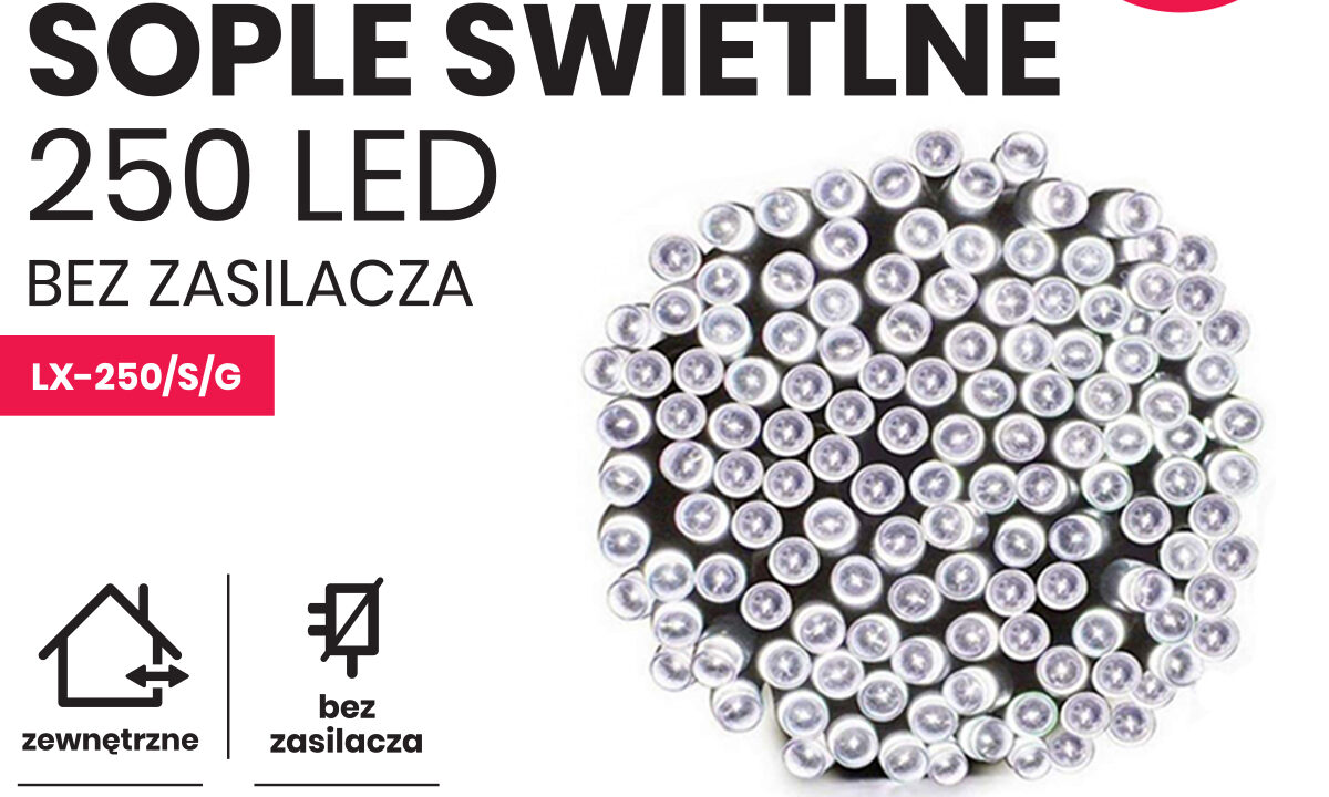 Sople led oświetlenie świąteczne 10m zewnętrzne 250 LED z gniazdem - Programator 8 funkcji - Zimny Biały