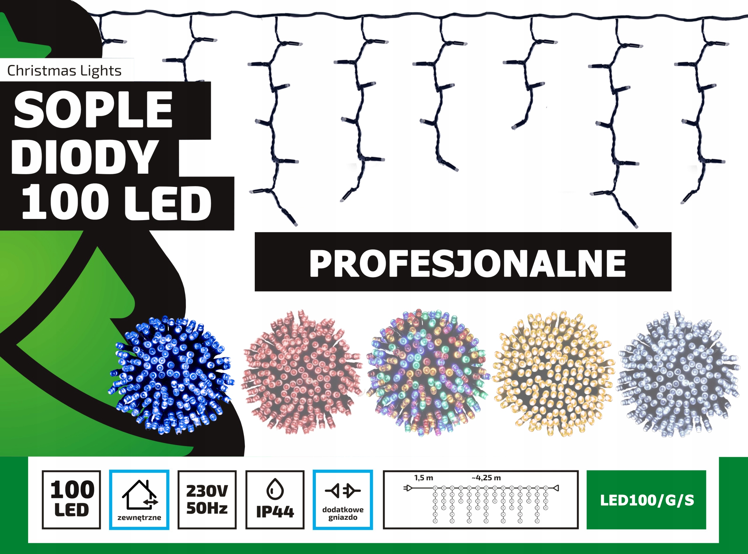 Sople LED Profesjonalne Oświetlenie Świąteczne 4,25m Zewnętrzne 100 LED z gniazdem - Światło stałe - Niebieski 2 Sople LED Profesjonalne Oświetlenie Świąteczne 4,25m Zewnętrzne 100 LED z gniazdem - Światło stałe - Niebieski 20