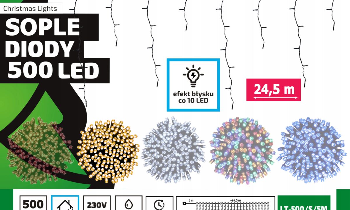 Sople LED Oświetlenie Świąteczne 24,5m Zewnętrzne 500 LED Flash - Ciepły Biały