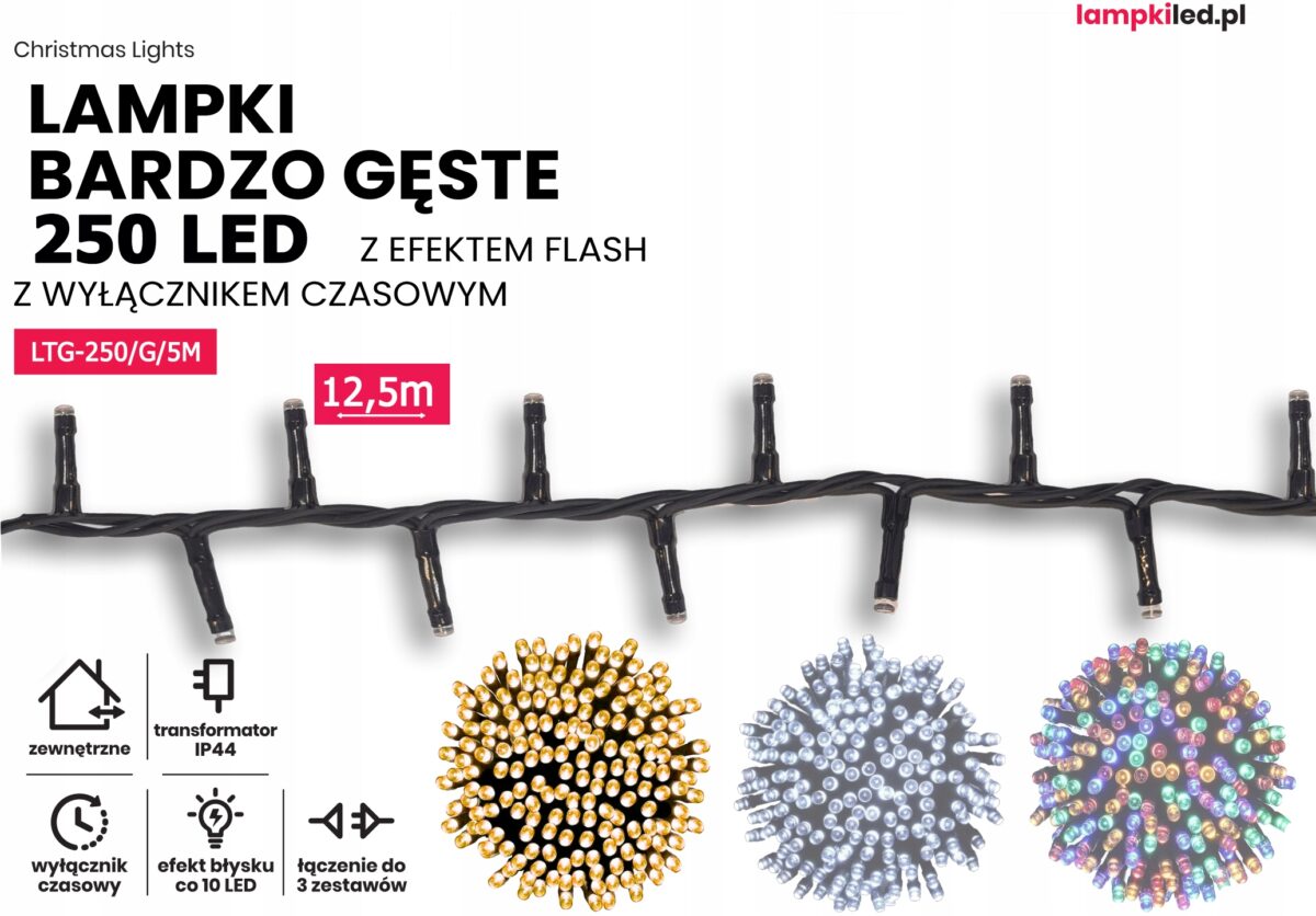 Lampki choinkowe łańcuch led 12,5m zewnętrzne 250 LED z gniazdem - Światło stałe - Ciepły Biały 1