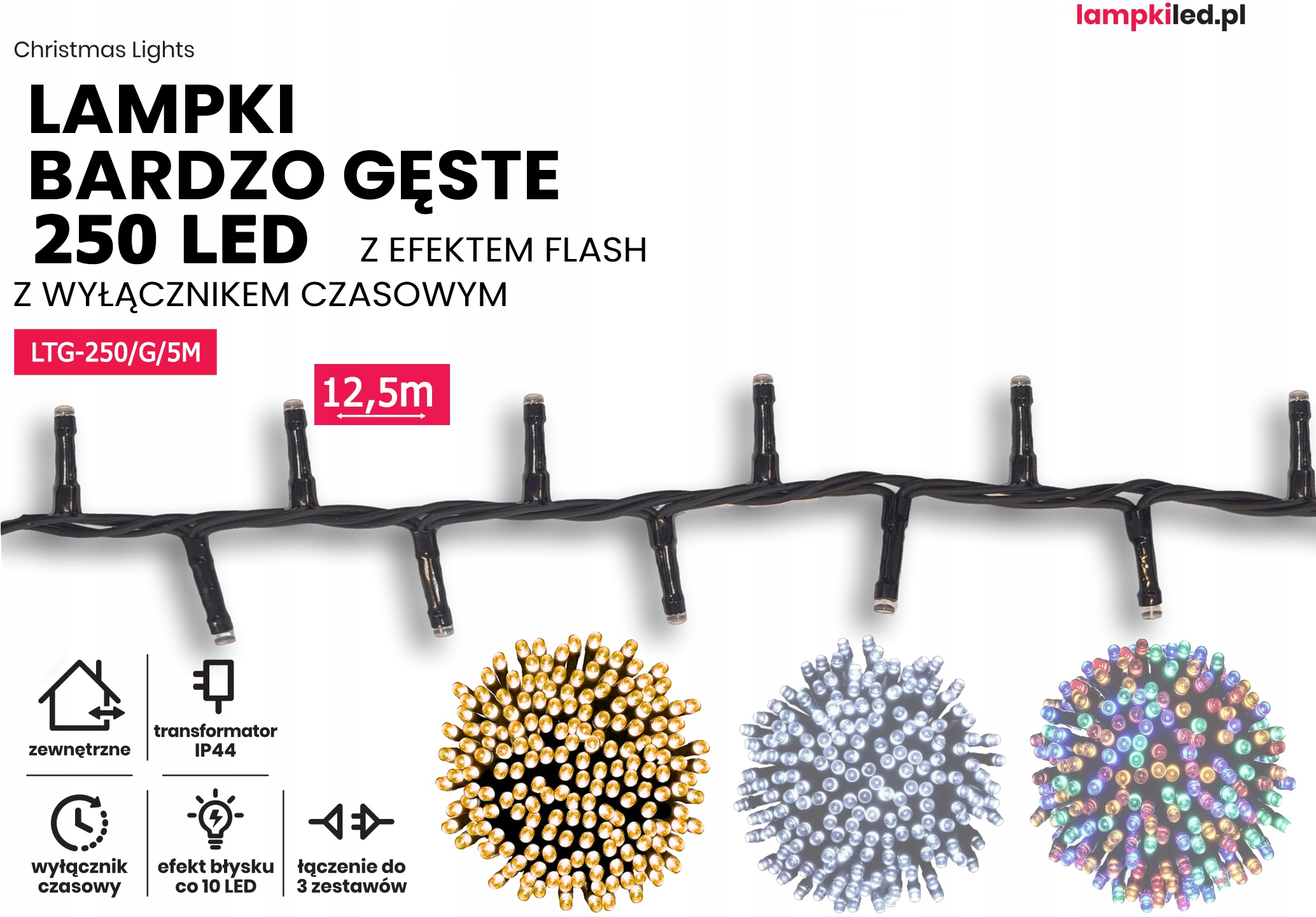Lampki choinkowe łańcuch led 12,5m zewnętrzne 250 LED z gniazdem - Światło stałe - Ciepły Biały 2 Lampki choinkowe łańcuch led 12,5m zewnętrzne 250 LED z gniazdem - Światło stałe - Ciepły Biały 20