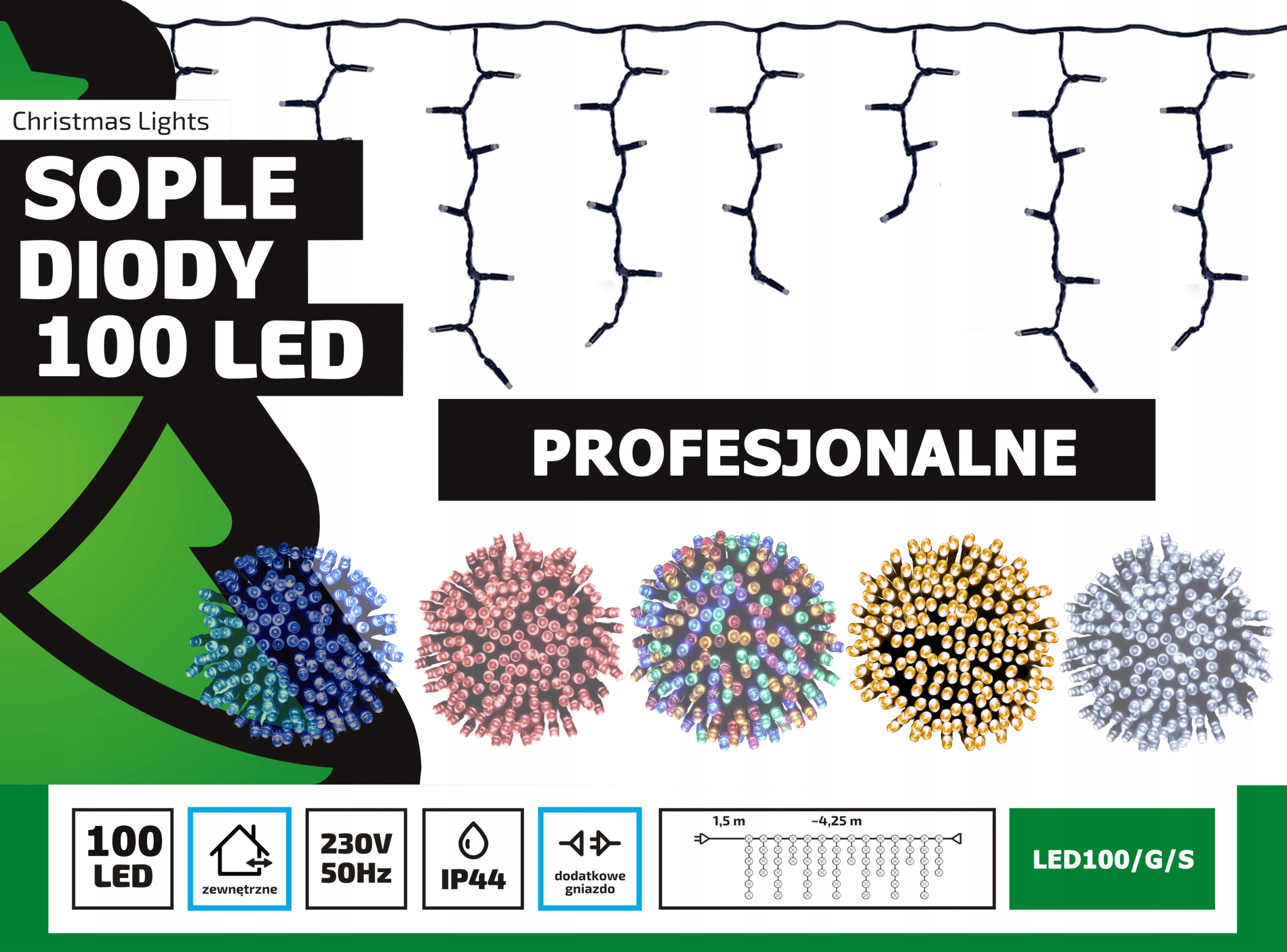 Sople LED Profesjonalne Oświetlenie Świąteczne 4,25m Zewnętrzne 100 LED z gniazdem - Światło stałe - Ciepły Biały 2 Sople LED Profesjonalne Oświetlenie Świąteczne 4,25m Zewnętrzne 100 LED z gniazdem - Światło stałe - Ciepły Biały 20