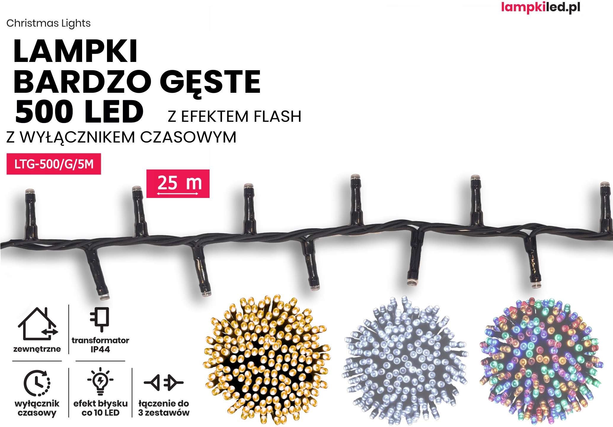 Lampki choinkowe łańcuch led 25m zewnętrzne 500 LED z gniazdem - Flash - Ciepły Biały 2 Lampki choinkowe łańcuch led 25m zewnętrzne 500 LED z gniazdem - Flash - Ciepły Biały 20