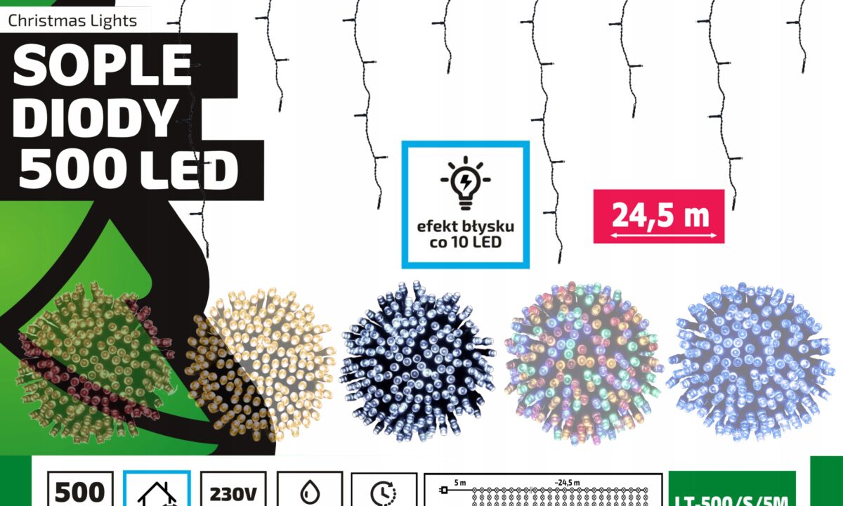 Sople LED Oświetlenie Świąteczne 24,5m Zewnętrzne 500 LED Flash - Zimny Biały