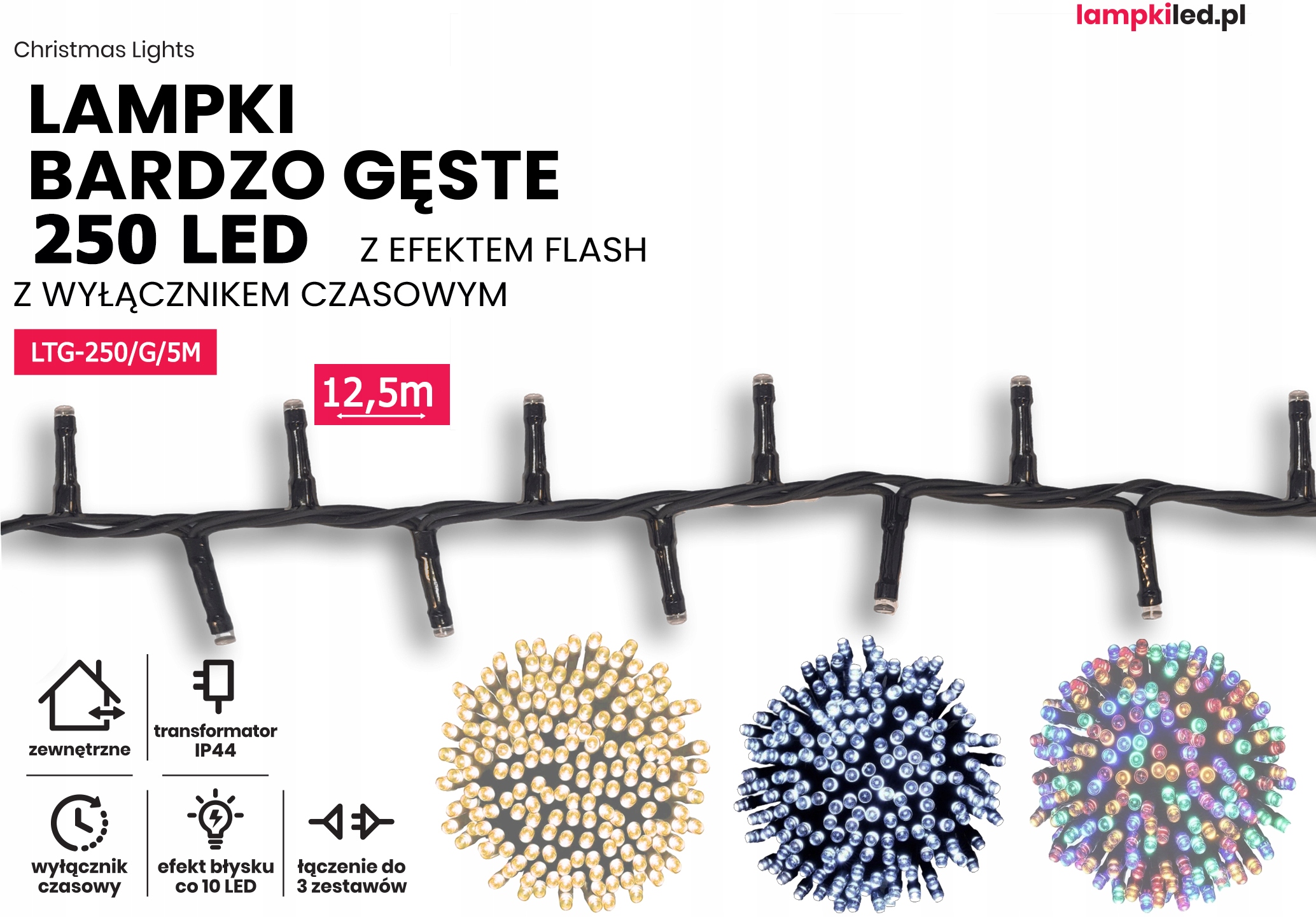 Lampki choinkowe łańcuch led 12,5m zewnętrzne 250 LED z gniazdem - Światło stałe - Zimny Biały 2 Lampki choinkowe łańcuch led 12,5m zewnętrzne 250 LED z gniazdem - Światło stałe - Zimny Biały 20