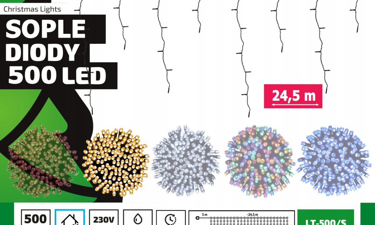 Sople led oświetlenie świąteczne 24,5 metra zewnętrzne 500 LED Światło stałe - Ciepły Biały