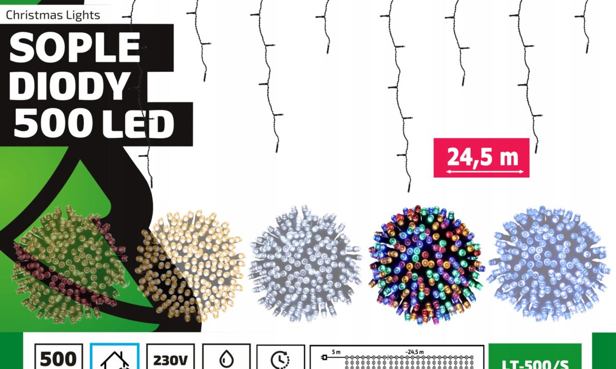 Sople led oświetlenie świąteczne 24,5 metra zewnętrzne 500 LED Światło stałe - Multikolor