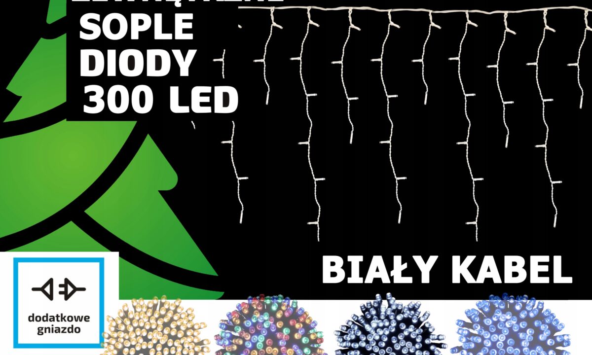 Sople LED Oświetlenie Świąteczne 14,5m Zewnętrzne 300 LED z gniazdem - Flash - Zimny Biały