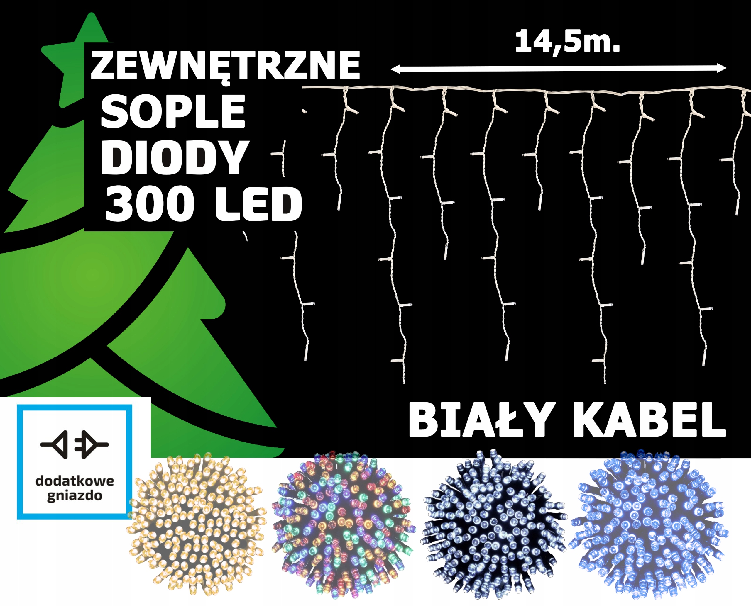 Sople LED Oświetlenie Świąteczne 14,5m Zewnętrzne 300 LED z gniazdem - Flash - Zimny Biały 2 Sople LED Oświetlenie Świąteczne 14,5m Zewnętrzne 300 LED z gniazdem - Flash - Zimny Biały 20